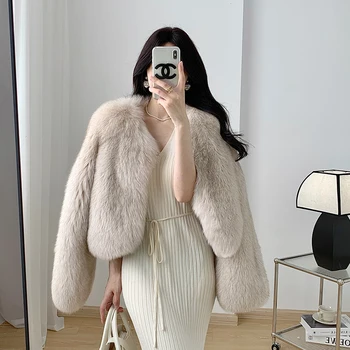 Корейская дизайнерская Женская Шуба из натурального лисьего меха 2022 года, Теплые Модные Куртки из натурального стильного укороченного натурального лисьего меха AN02