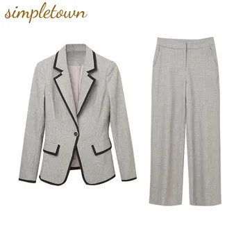 Серый пиджак с карманом, Блейзер, Широкие брюки, Элегантный женский комплект брюк из двух предметов, Летний офисный деловой комплект одежды