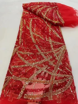 Красная Высококачественная Кружевная Ткань ручной Работы из бисера 2023 Вышивка Французское Кружевное Свадебное Платье С Вышивкой Из Тюля цвета Морской Волны