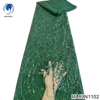 Горячая распродажа, Бутылочно-зеленая африканская ткань с блестками, ткань и французское тяжелое кружевное полотно с бисером для свадебного платья ML89N11