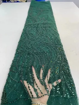 Зеленая французская кружевная ткань ручной работы из бисера 2022 Года, новейшие нигерийские Высококачественные кружева из тюля с пайетками, Вышивка жемчугом
