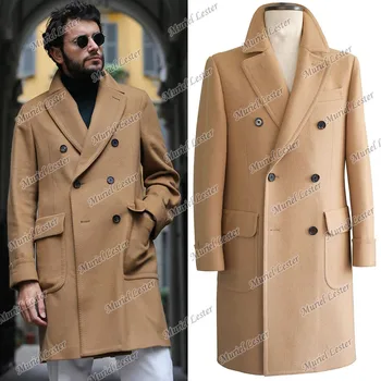 Осенне-Зимние Двубортные мужские куртки, сшитые на заказ из коричневого/Хаки Твида и шерстяных смесей, Длинное пальто, приталенное пальто с отворотом