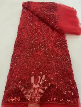 Роскошная Африканская кружевная ткань Sequence 5 Ярдов 2023 красного Цвета Из высококачественного французского Тюля С пайетками в Нигерийском стиле Asoebi Свадебная ткань