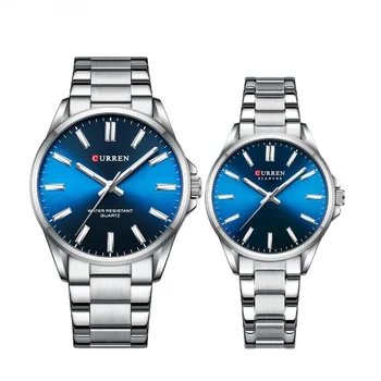 Кварцевые часы CURREN для пары, модный бренд, Парные часы, Минималистичный Классический кварцевый браслет из нержавеющей стали, Светящиеся часы 9090