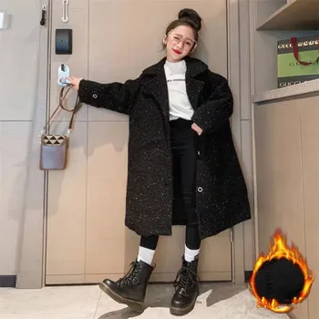 Корейская версия серебристого шелкового шерстяного пальто для девочек, зимняя хлопчатобумажная куртка, утолщенное пальто, Детская Длинная зимняя одежда с лацканами, Новый стиль