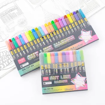 Guangna 157 двухлинейная контурная ручка 24 цвета, черный набор полюсов, цветная ручная роспись, граффити, серебряный маркер