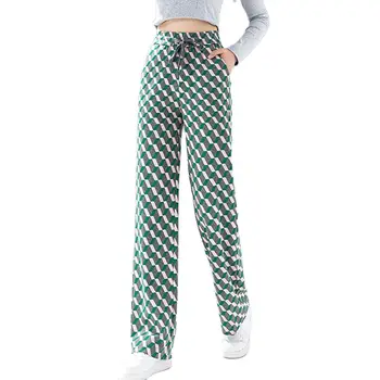Женские повседневные зеленые клетчатые брюки с завязками, свободные широкие брюки, мягкие дышащие широкие брюки полной длины, модные брюки на лето и весну