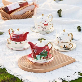 Новая Рождественская Чашка из Костяного Фарфора с Блюдцем, Подарочный Керамический Чайный Сервиз с Чайником на одну Персону, Один Чайник для Чая на одну Персону