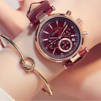 Модный GUOU, лидирующий бренд, Женские роскошные водонепроницаемые Часы с календарем на шесть контактов, Кожаные кварцевые женские часы, браслет, подарочные часы для девочек