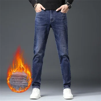 Мужские Классические флисовые джинсы обычной посадки, деловые модные Свободные повседневные брюки-стрейч, мужской бренд Плюс теплые брюки с бархатной подкладкой