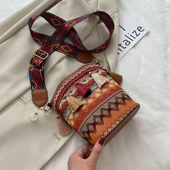 Женская сумка в этническом стиле в ретро-стиле, сумка-мешок с кисточками ручной работы, сумка через плечо с кисточками, сумка-слинг в стиле хиппи, Женская маленькая сумочка