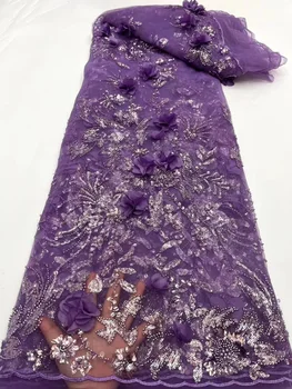 3D цветы французские нигерийские бусины кружева ткани высококачественный тюль африканские блестки кружева ткани свадебные NFJ5549