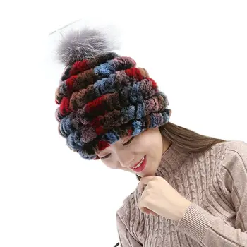 новая зимняя меховая шапка для женщин, шапка из натурального кроличьего меха с помпонами из лисьего меха, вязаные шапочки, новые модные шапки хорошего качества