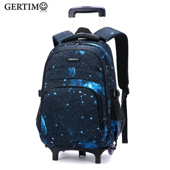 Детские Школьные сумки с принтом Звездного неба для мальчиков, рюкзак-тележка, детский Съемный ортопедический школьный рюкзак на колесиках, студенческие сумки на колесиках