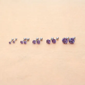 Серьги-гвоздики с завинчивающейся спинкой Фиолетовый циркон Игла изготовлена из нержавеющей стали 1,2 * 6 мм 316L, не вызывает аллергии, никогда не выцветает