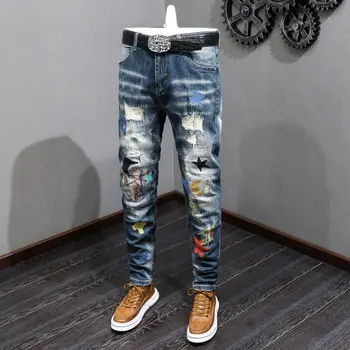 Уличные Модные Мужские джинсы в стиле ретро, Синие Эластичные Джинсы с вышивкой, Тонкие Рваные Джинсы, Мужские Дизайнерские джинсовые брюки в стиле хип-хоп с заплатками, Hombre