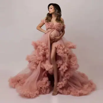 Розовое тюлевое бальное платье для беременных для фотосессии, Сексуальные платья для беременных с детским душем, Длинная женская одежда для фотосъемки беременных