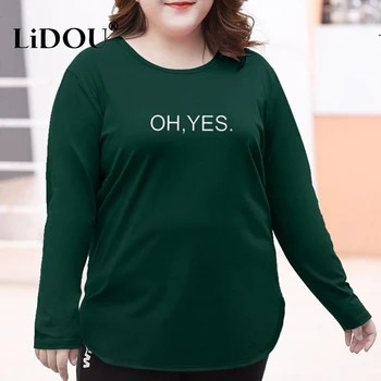 Осенне-зимняя модная темпераментная футболка в корейском стиле Больших размеров, Женская повседневная футболка простого дизайна с длинным рукавом и буквенным принтом, женские топы