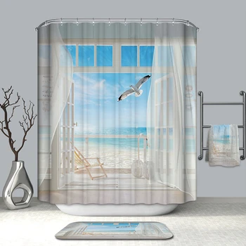 Летние горячие Занавески для ванны, Искусственное окно, пляжный пейзаж, 3D занавески для душа, полиэстер, моющиеся товары для ванной комнаты + 12 крючков