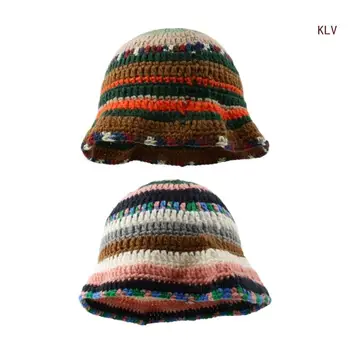 Трикотажное полосатое ведро шляпа для женщин дышащая подбора цветов плетение ведро шляпа для взрослых, подростков зимой согреться Рыбак шапка