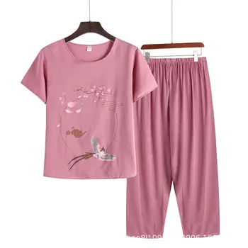 Летние пижамные комплекты, Женские шорты с коротким рукавом, Комплект из 2 предметов, Пижама среднего возраста с круглым вырезом, Домашняя одежда, Пижамы, Пижамы для мамы