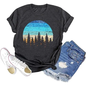 Футболка Sunset Pine Tree, женская футболка для кемпинга, футболка с рисунком Солнца в стиле Ретро, Повседневный топ с коротким рукавом
