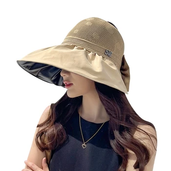 Летняя Женская пустая Верхняя шляпа с бантом, Солнцезащитная шляпа с большим краем, закрывающая лицо, Складная Тканевая шляпа С защитой от ультрафиолета, Внутренняя Черная клеевая шляпа Рыбака