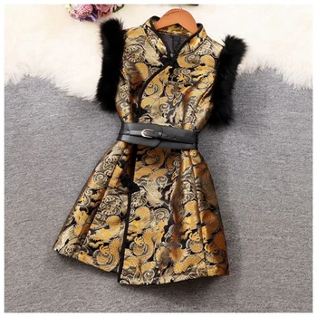 Женское платье 2023 Осень Зима Новая Линия С Вышивкой Longteng Qipao Стиль Хлопчатобумажный Зажим Меховая Одежда