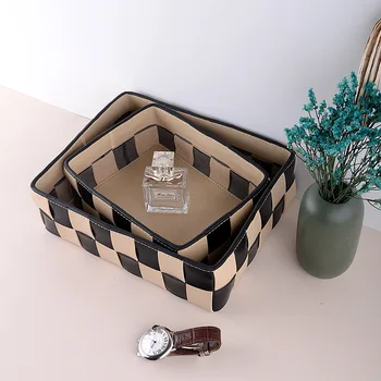 Тканый кожаный ящик для хранения зерна в скандинавском стиле ins, ручной работы, квадратная корзина для сортировки мусора на столе и корзина для хранения