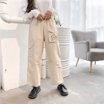 Летние и осенние студенческие Свободные повседневные брюки прямого кроя в японском стиле для девочек с милым медвежонком в заплатанную клетку