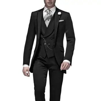 Черный свадебный смокинг для жениха, 3 предмета, официальные мужские костюмы, мужской модный пиджак с двубортным жилетом, брюки, новинка 2021 года