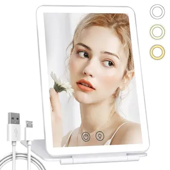 Портативное косметическое зеркало с сенсорным 3-цветным режимом освещения, складное косметическое зеркало с USB-аккумулятором, косметическое зеркало с 10-кратным увеличением