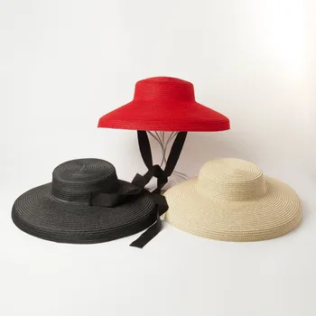 202112-hh7294 Хепберн стиль черная лента бумажная плоская женская солнцезащитная кепка для отдыха женская соломенная праздничная пляжная шляпа для отдыха