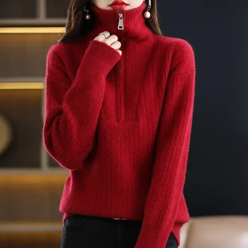 Женский свитер с высоким воротом из 100% шерсти мериноса, Осенне-зимний повседневный вязаный Свободный топ, модный пуловер с полуоткрытым вырезом на молнии