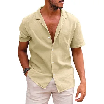 Хлопчатобумажные льняные мужские рубашки с короткими рукавами, летние однотонные рубашки со стоячим воротником, повседневный пляжный стиль, рубашки больших размеров M-5XL
