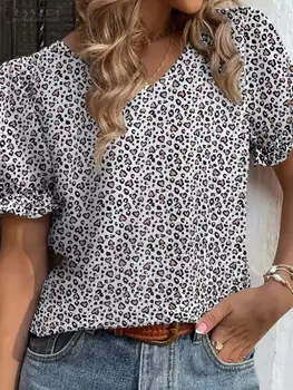 ZANZEA, Стильная женская Богемная праздничная рубашка с коротким рукавом, Летняя Блузка с леопардовым принтом, Повседневные топы для вечеринок, Женские блузки с оборками