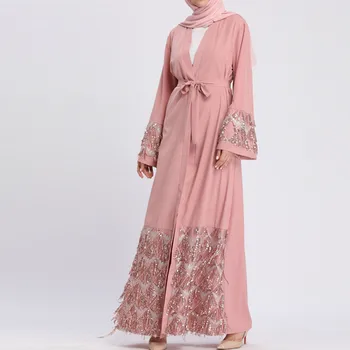 Модный хит продаж, мусульманский костюм с сеткой и блестками для женщин, Абая, Дубай, турецкая исламская одежда, арабский кардиган в Рамадан