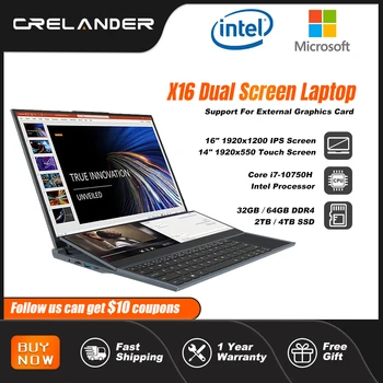 Ноутбуки CRELANDER X16 с двойным Экраном 16 Дюймов + 14 дюймов Сенсорный экран Intel Core I7 10750H Windows 11 Портативный ПК Ноутбук