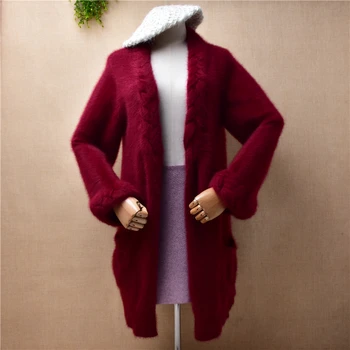 женская осенне-зимняя одежда из мягкой ангорской кроличьей шерсти, вязаный тонкий длинный свитер с длинным рукавом, кардиган, пальто из ангорского меха, свитер