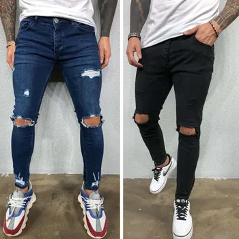 Приталенные Рваные мужские джинсы, Модные Мужские Джинсовые брюки в стиле хип-Хоп, Высококачественные Уличные Винтажные молодежные крутые брюки