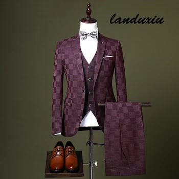 (Куртка + жилет + брюки) 2022, новейший дизайн, черные официальные модные смокинги для жениха, свадебная вечеринка, мужская тройка landuxiu