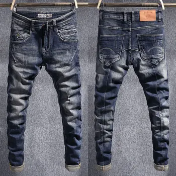 Модные винтажные мужские джинсы в стиле ретро, черные, синие, Стрейчевые, облегающие, Рваные джинсы, Мужские брюки, Дизайнерские повседневные джинсовые брюки Hombre