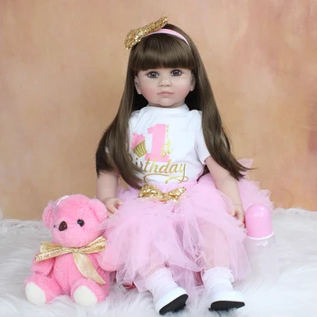 24-дюймовый Возрожденный ребенок С Длинными волосами Малыш Любит Куклу Принцессу Силиконовую На Все Тело Бесплатная Доставка Розовое платье Милая игрушка