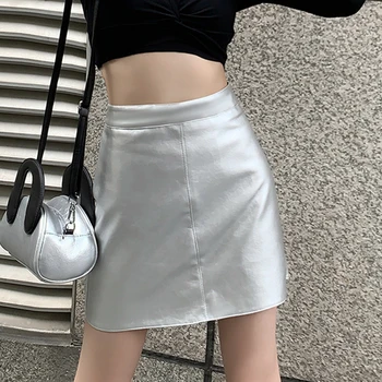 Летняя корейская женская мини-юбка из искусственной кожи с высокой талией, женская мини-юбка на молнии в стиле Харадзюку, Винтажная юбка трапециевидной формы, женская юбка в стиле Хип-хоп