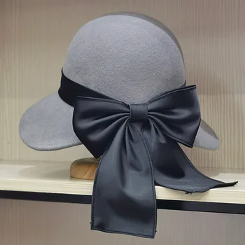 Зимняя Круглая шляпа-клош для женщин, Шерстяные Фетровые шляпы, Теплая Широкополая шляпа с бантом из гибкой ленты, Церковное платье, Фетровая шляпа-ведро