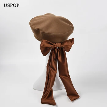 USPOP 2021 Новые зимние шапки, Женские Береты, Модная шляпа-берет с лентой с большим бантом