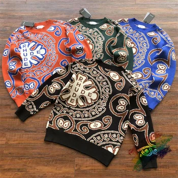 Винтажный Жаккардовый свитер Rhude с логотипом Кешью, Мужские И женские Свободные вязаные кофты, Внутренние бирки