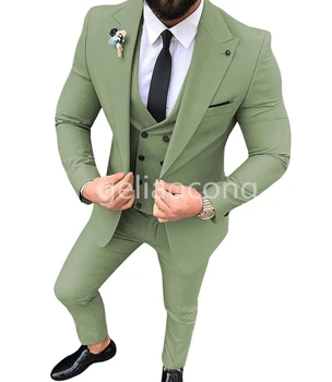 Новый Зеленый Мужской Костюм из 3 предметов, Официальный Деловой костюм с отворотом, Приталенные Смокинги для Жениха, Блейзер для Шафера на Свадьбу (Блейзер + жилет + Брюки)
