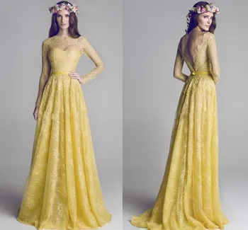 Вечернее платье Hamda Al Fahim 2023 для выпускного вечера С длинным рукавом и прозрачным вырезом Бато Без спинки Из Желтого Кружева Вечерние Платья Longo Vestiods