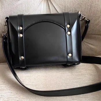 Ретро Сумка через плечо, сумка-мессенджер, черная квадратная сумка из воловьей кожи с пряжкой и цепочкой